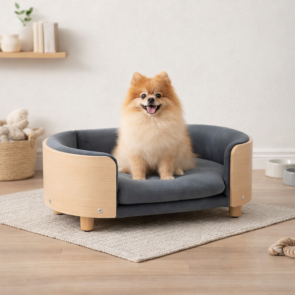 Scandinavian style elevated pet sofa bed designed for dogs, featuring a cushioned sleeping surface with curved supportive sides and raised legs for comfortable lounging and rest