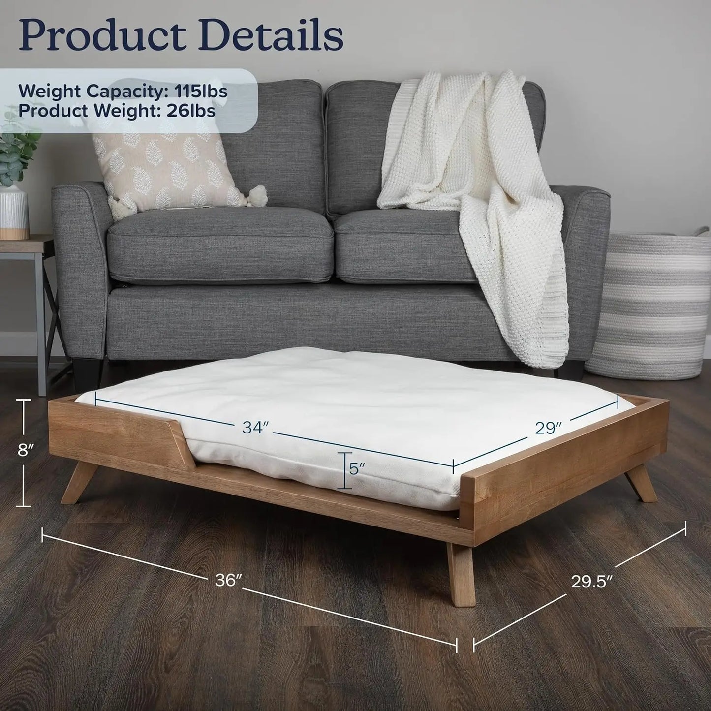 Scandinavian style elevated pet sofa bed designed for dogs, featuring a thick cushioned sleeping surface with an open front entry, sturdy wooden frame, and raised legs for supportive and comfortable resting