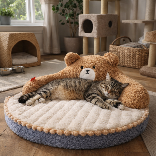 Cat Bed Bear-Back Round Mat with Plush Surface