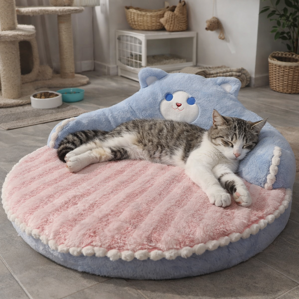 Cat Bed Bear-Back Round Mat with Plush Surface