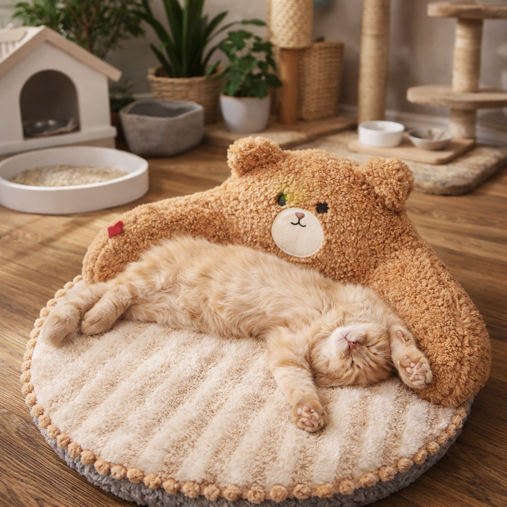Cat Bed Bear-Back Round Mat with Plush Surface