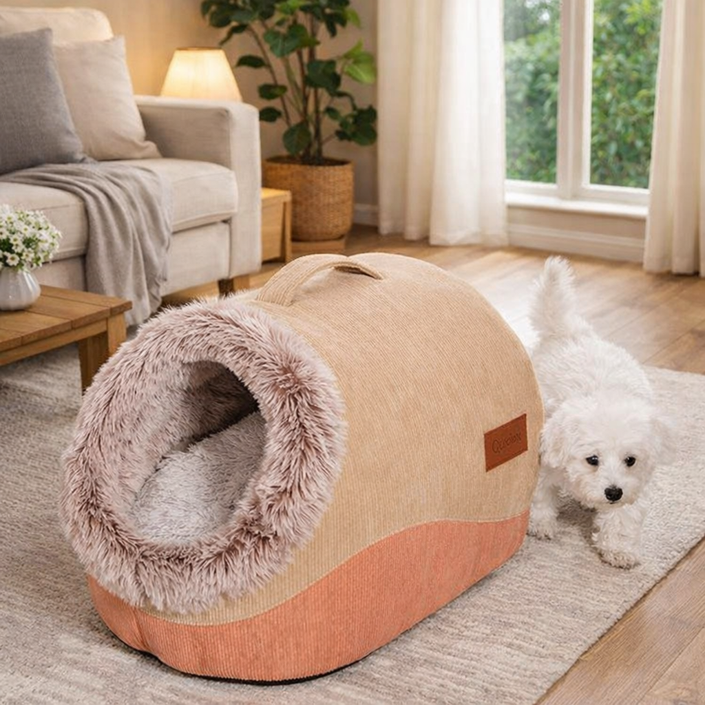 Cat Cave Bed With Hooded Pod Shape And Plush-Trim Opening