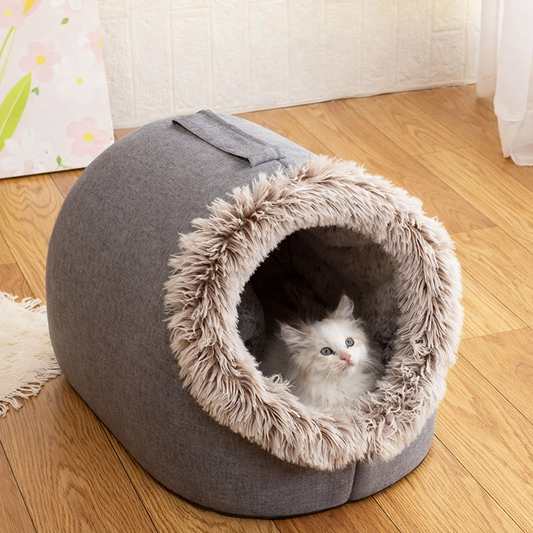 Cat Cave Bed With Hooded Pod Shape And Plush-Trim Opening