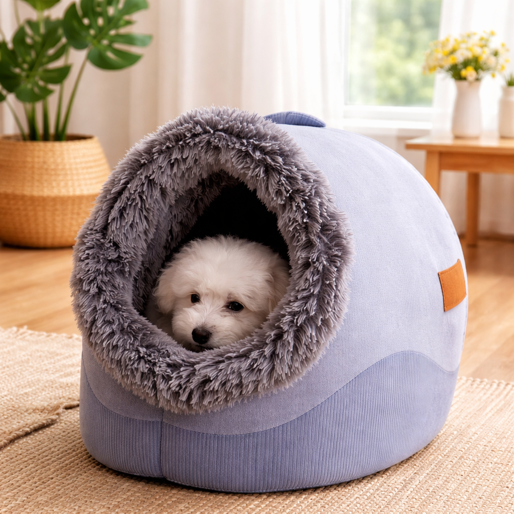 Cat Cave Bed With Hooded Pod Shape And Plush-Trim Opening
