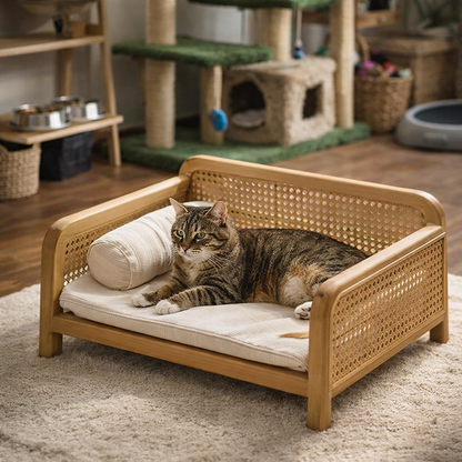 Wood Frame Cat Bed With Woven Side Panels And Cushion