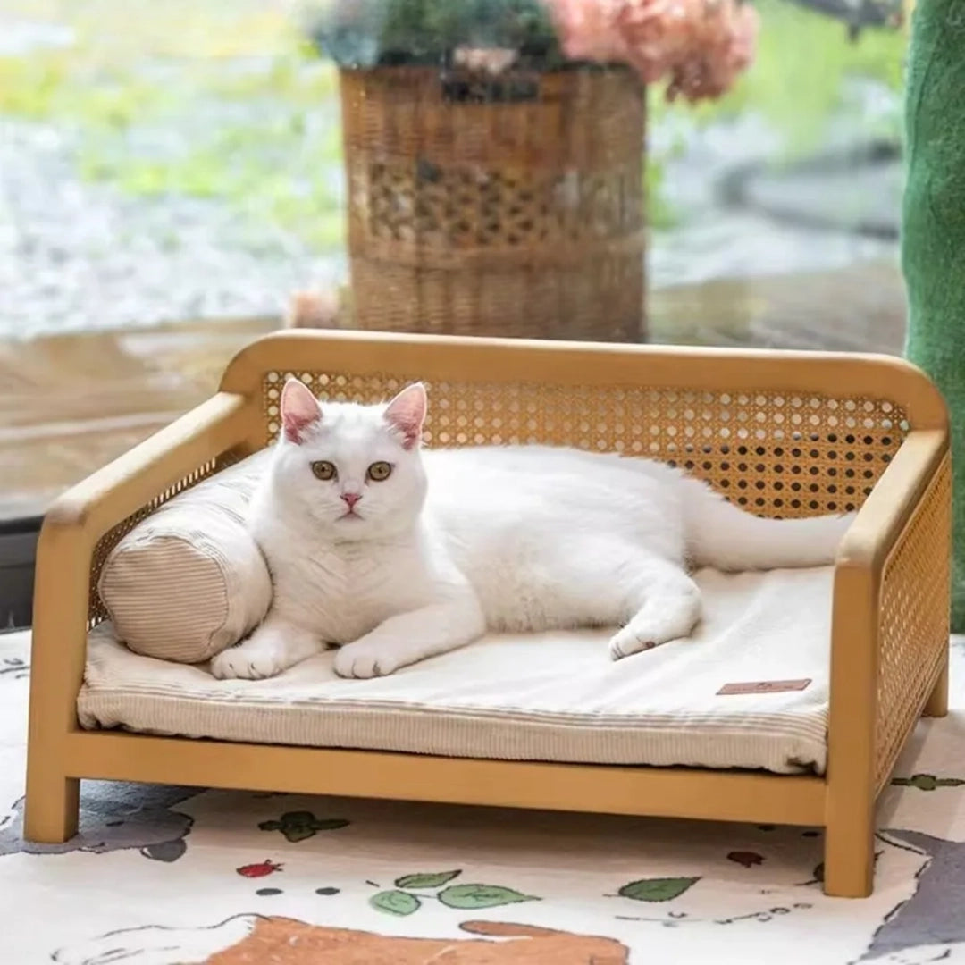 Wood Frame Cat Bed With Woven Side Panels And Cushion