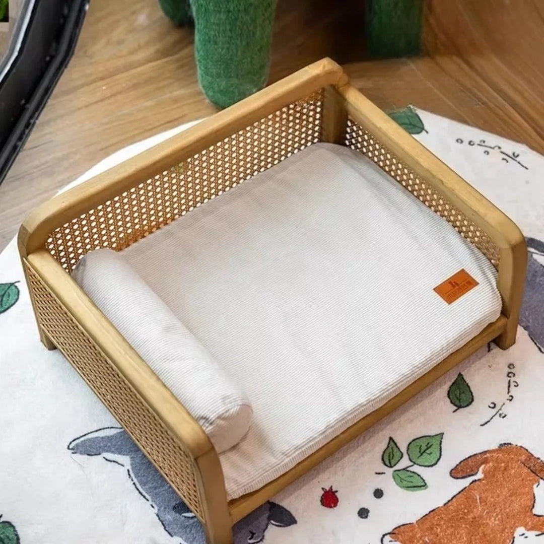 Wood Frame Cat Bed With Woven Side Panels And Cushion