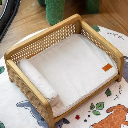Wood Frame Cat Bed With Woven Side Panels And Cushion