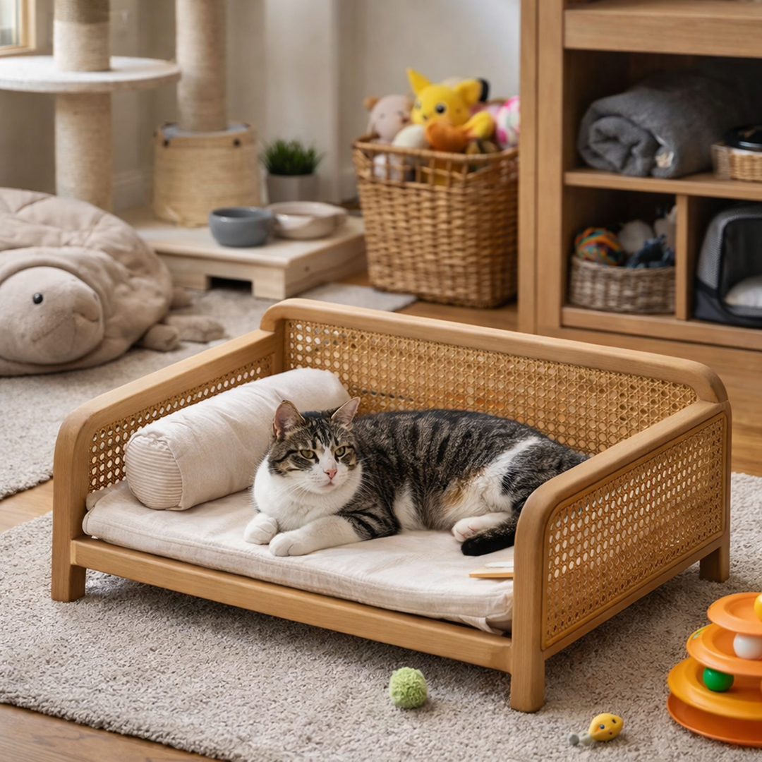 Wood Frame Cat Bed With Woven Side Panels And Cushion