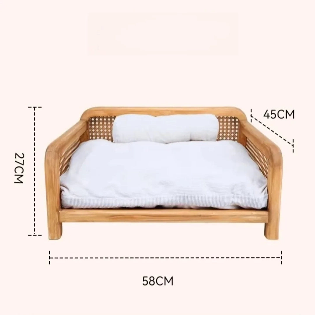 Wood Frame Cat Bed With Woven Side Panels And Cushion