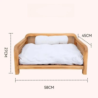 Wood Frame Cat Bed With Woven Side Panels And Cushion