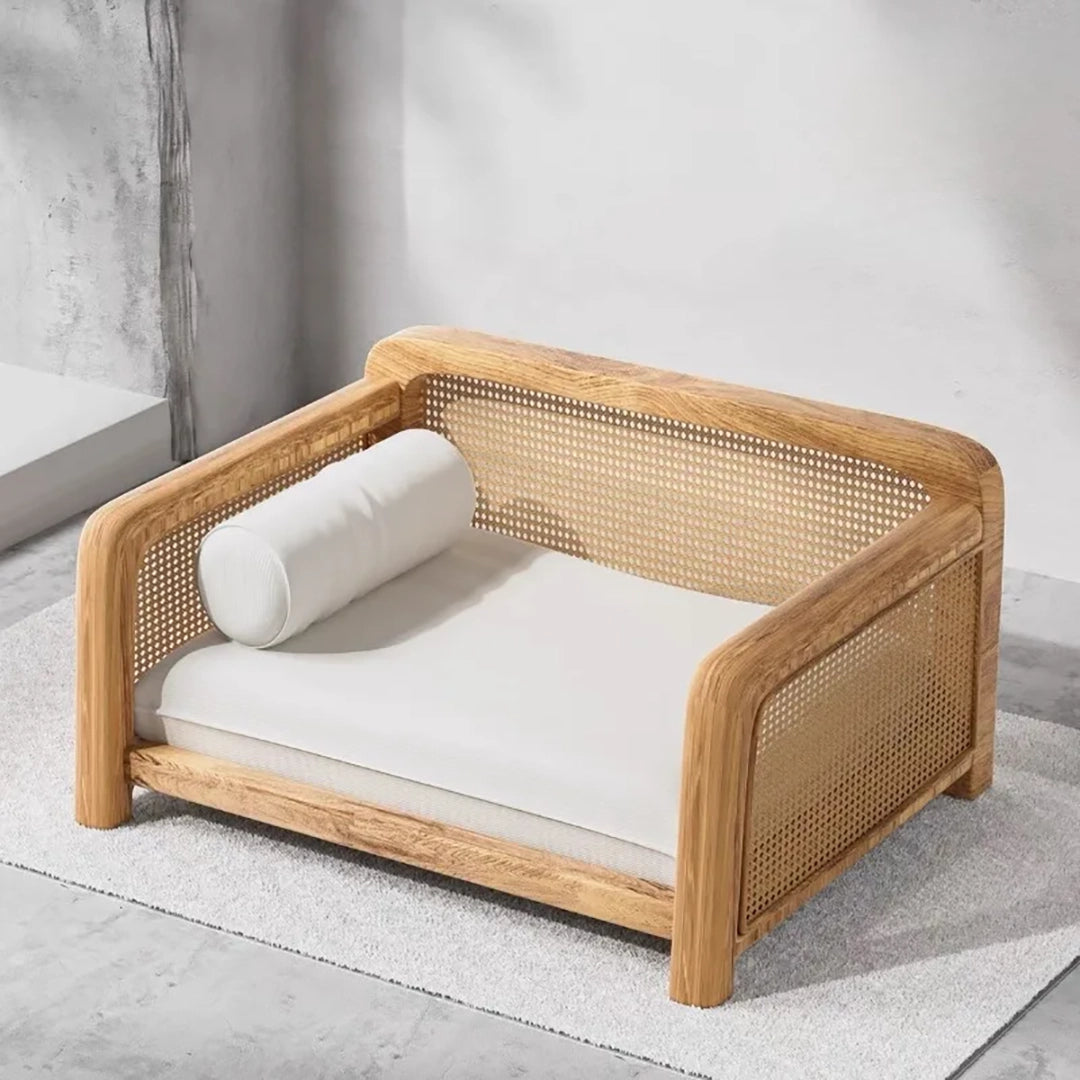 Wood Frame Cat Bed With Woven Side Panels And Cushion