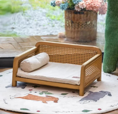 Wood Frame Cat Bed With Woven Side Panels And Cushion