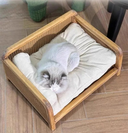 Wood Frame Cat Bed With Woven Side Panels And Cushion