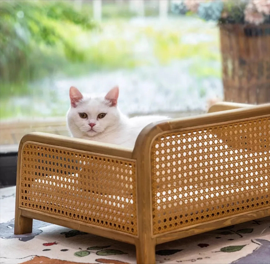 Wood Frame Cat Bed With Woven Side Panels And Cushion