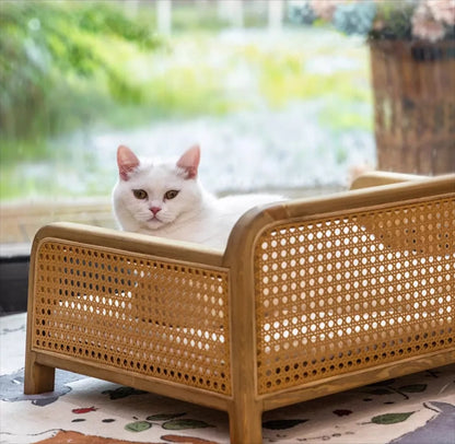 Wood Frame Cat Bed With Woven Side Panels And Cushion