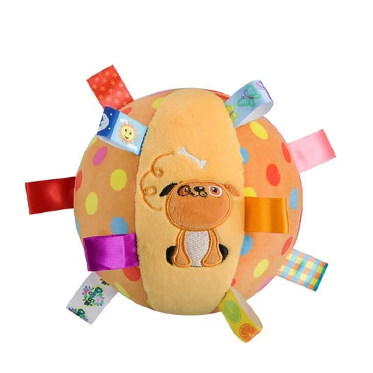 Interactive Plush Dog Toy Ball with Ribbon Tabs