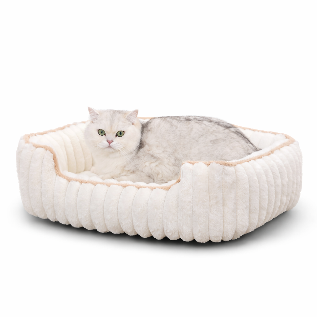 Plush pet bed designed for cats or small pets, featuring a soft cushioned interior and raised supportive sides for resting and sleeping