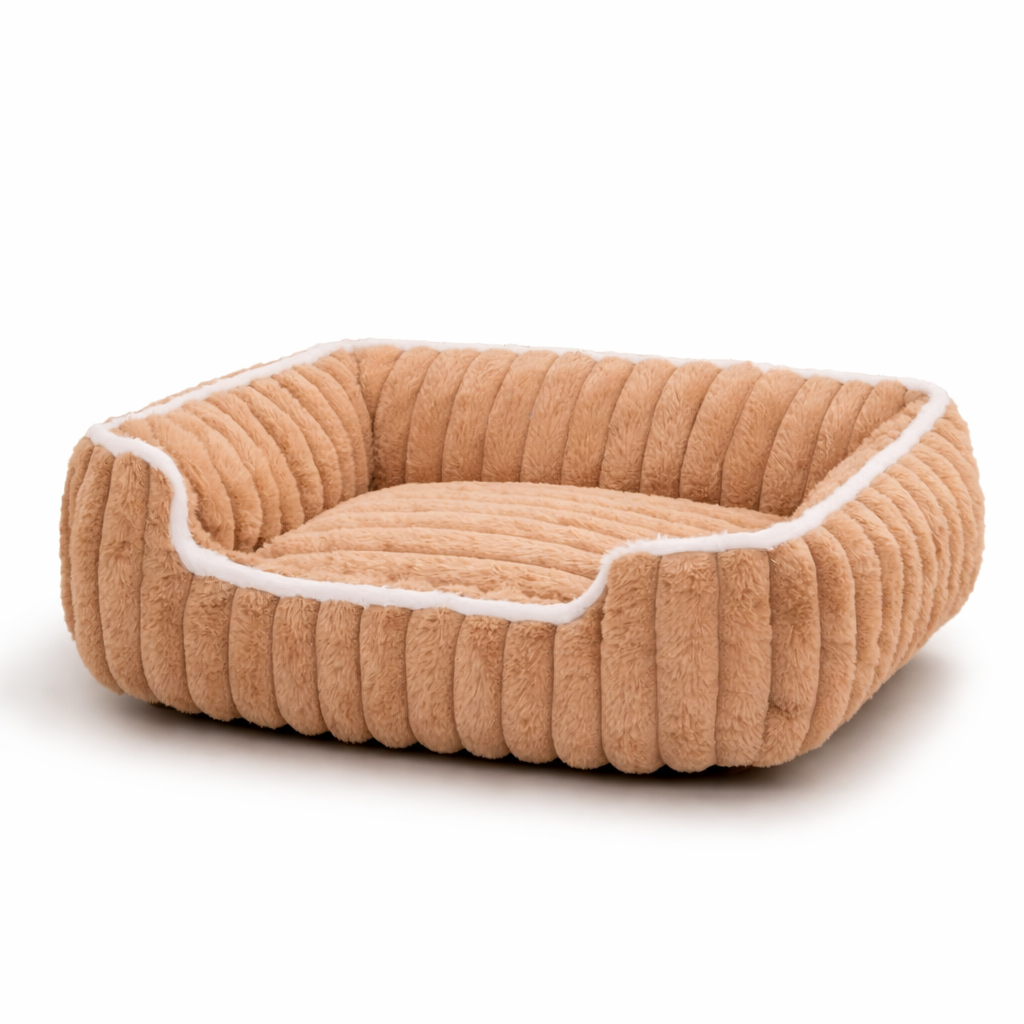 Brown pet bed with white trim on a white background