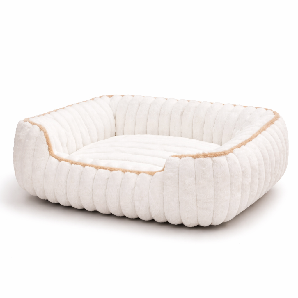 White quilted pet bed with beige trim on a white background