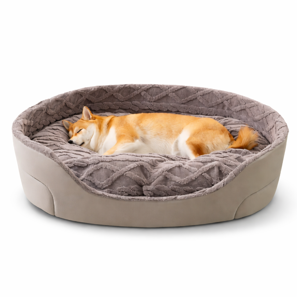 Plush pet bed designed for dogs, featuring a soft padded sleeping surface and raised sides that provide comfort and support during rest