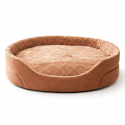 Plush pet bed designed for dogs, featuring a soft padded sleeping surface and raised sides that provide comfort and support during rest