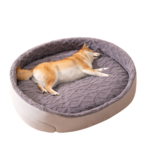 Plush pet bed designed for dogs, featuring a soft padded sleeping surface and raised sides that provide comfort and support during rest