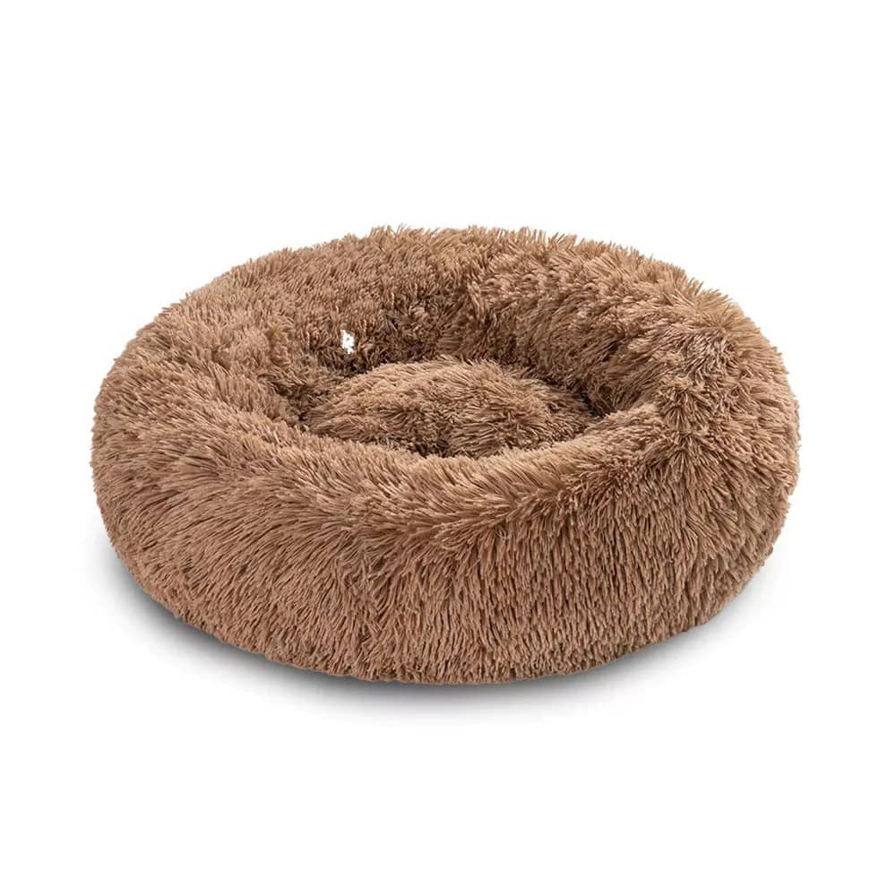 Round plush pet bed designed for small dogs, featuring a deep cushioned sleeping area with raised edges that provide comfort, support, and a secure resting space