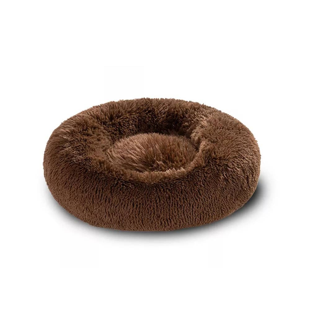 Round plush pet bed designed for small dogs, featuring a deep cushioned sleeping area with raised edges that provide comfort, support, and a secure resting space
