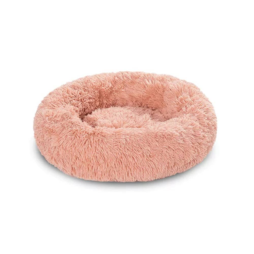 Round plush pet bed designed for small dogs, featuring a deep cushioned sleeping area with raised edges that provide comfort, support, and a secure resting space