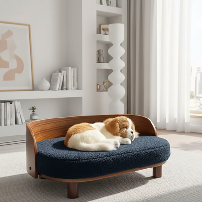 Scandinavian style elevated pet sofa bed designed for dogs, featuring a cushioned sleeping surface with a curved wooden backrest and raised legs for comfortable lounging and rest
