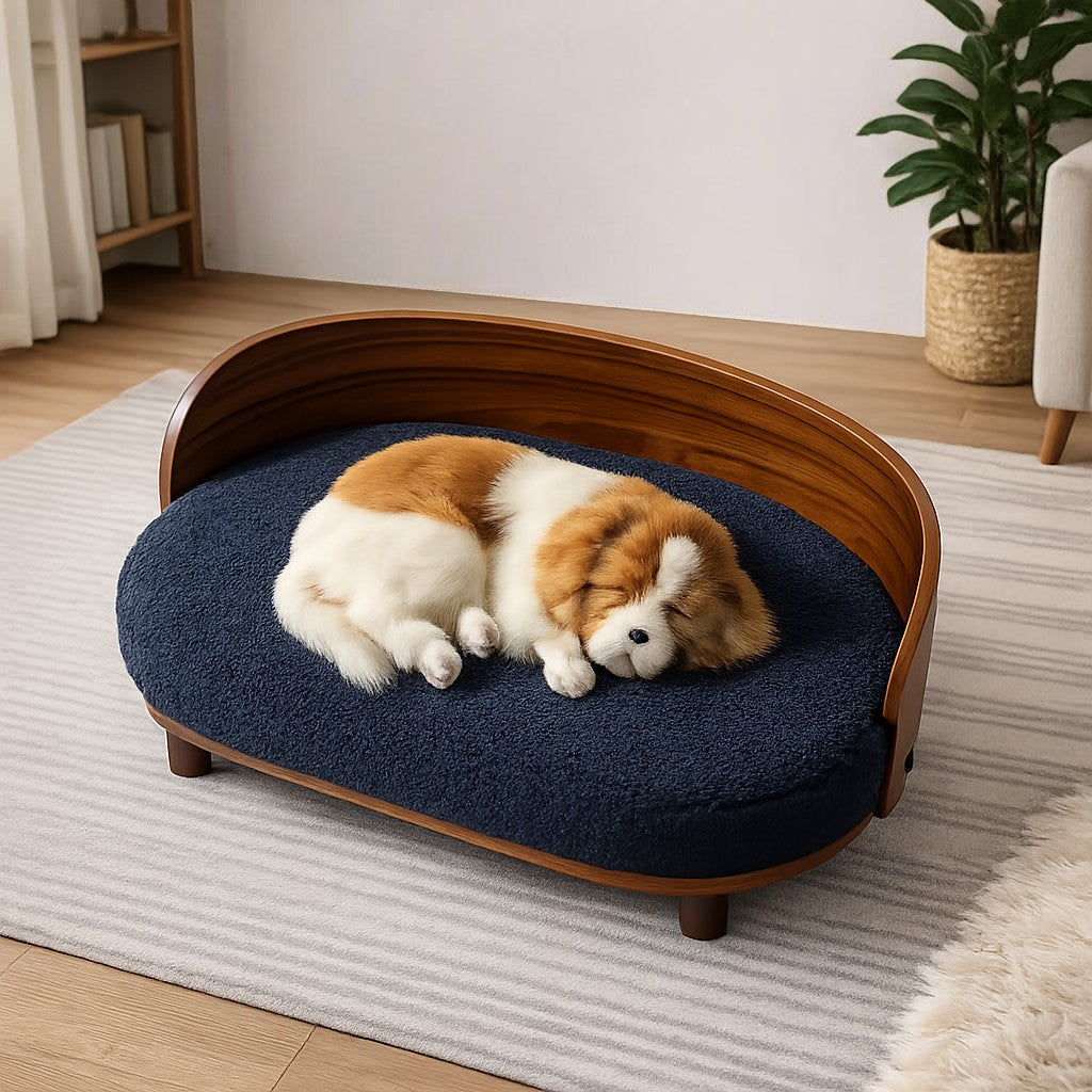 Scandinavian style elevated pet sofa bed designed for dogs, featuring a cushioned sleeping surface with a curved wooden backrest and raised legs for comfortable lounging and rest