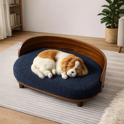 Scandinavian style elevated pet sofa bed designed for dogs, featuring a cushioned sleeping surface with a curved wooden backrest and raised legs for comfortable lounging and rest