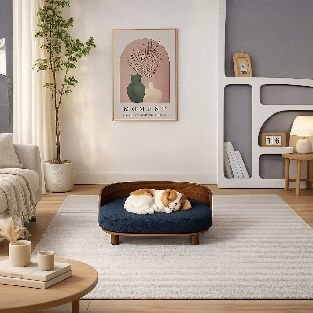 Scandinavian style elevated pet sofa bed designed for dogs, featuring a cushioned sleeping surface with a curved wooden backrest and raised legs for comfortable lounging and rest
