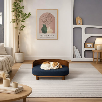 Scandinavian style elevated pet sofa bed designed for dogs, featuring a cushioned sleeping surface with a curved wooden backrest and raised legs for comfortable lounging and rest