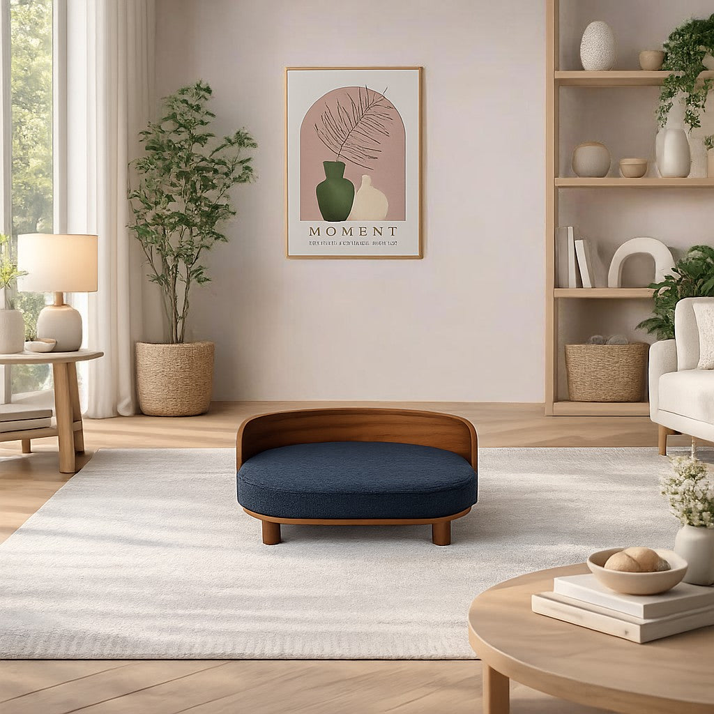 Scandinavian style elevated pet sofa bed designed for dogs, featuring a cushioned sleeping surface with a curved wooden backrest and raised legs for comfortable lounging and rest