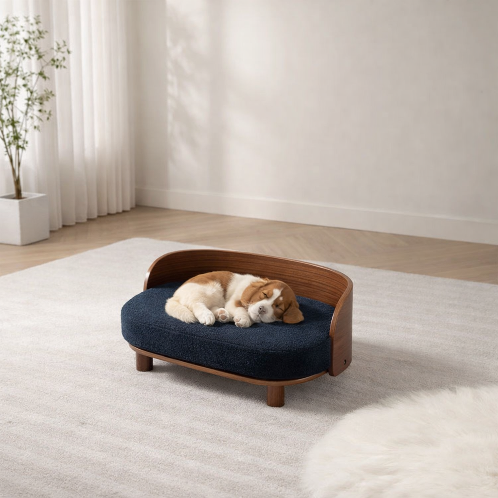 Scandinavian style elevated pet sofa bed designed for dogs, featuring a cushioned sleeping surface with a curved wooden backrest and raised legs for comfortable lounging and rest