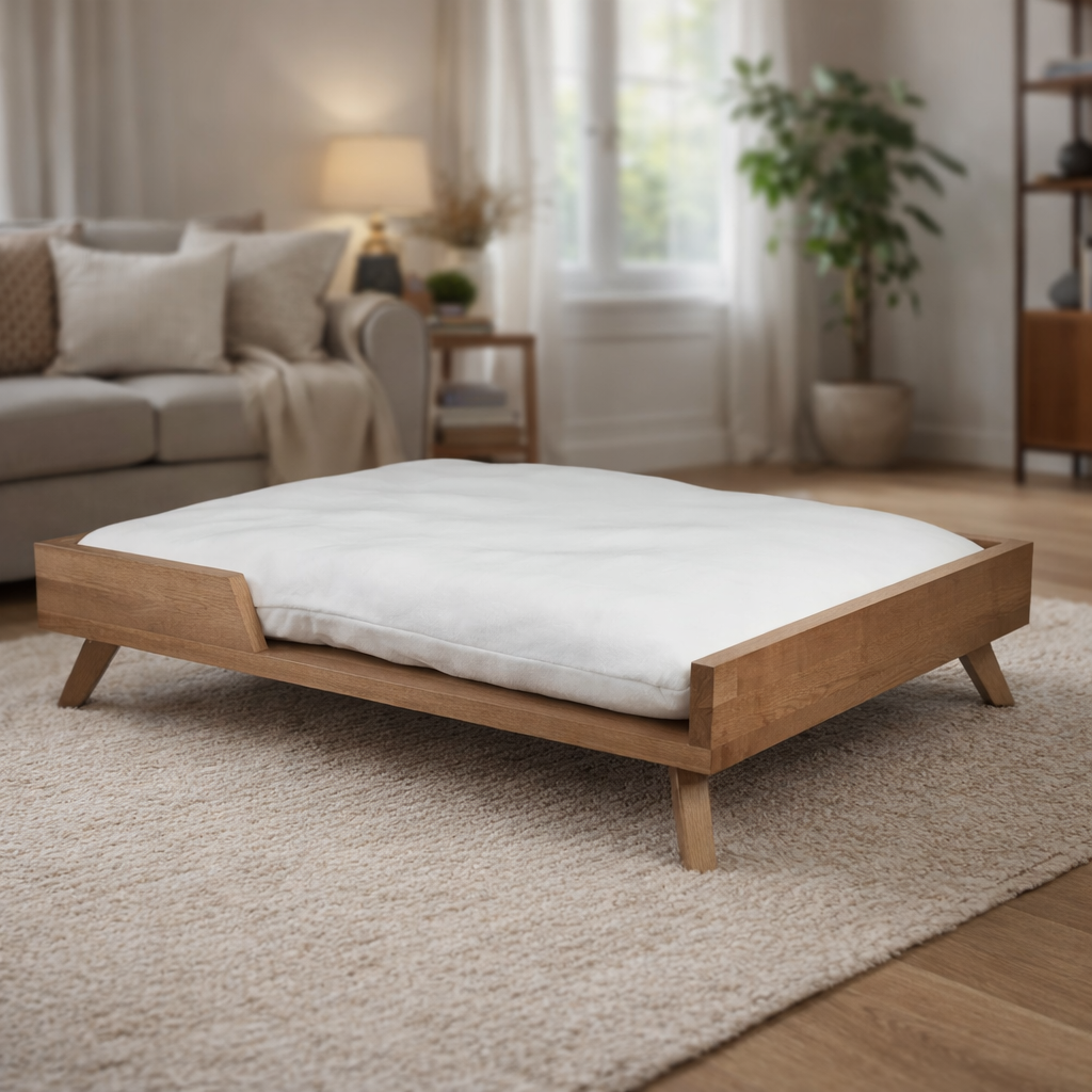 Scandinavian style elevated pet sofa bed designed for dogs, featuring a thick cushioned sleeping surface with an open front entry, sturdy wooden frame, and raised legs for supportive and comfortable resting