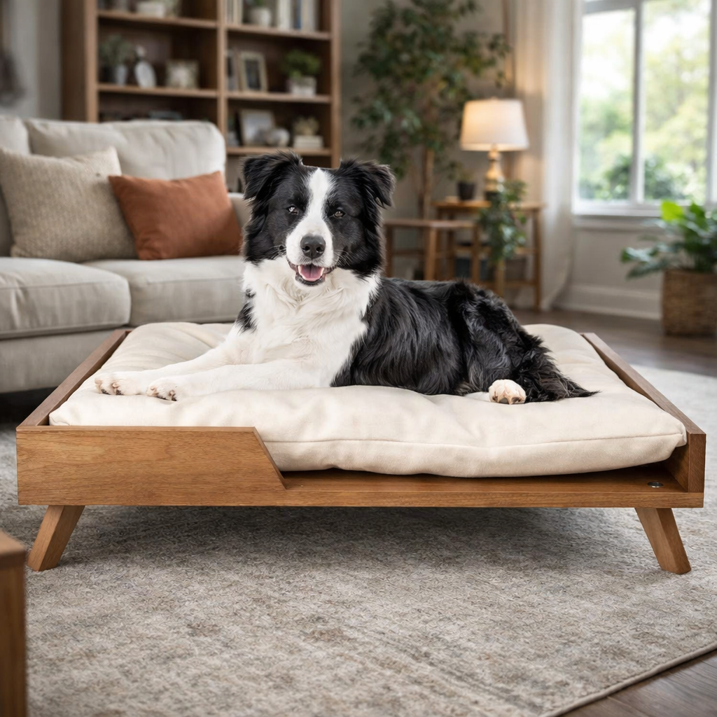 Scandinavian style elevated pet sofa bed designed for dogs, featuring a thick cushioned sleeping surface with an open front entry, sturdy wooden frame, and raised legs for supportive and comfortable resting