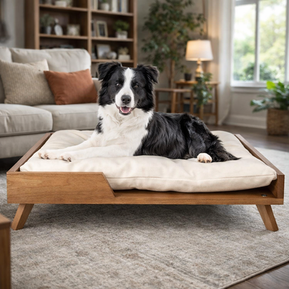 Scandinavian style elevated pet sofa bed designed for dogs, featuring a thick cushioned sleeping surface with an open front entry, sturdy wooden frame, and raised legs for supportive and comfortable resting