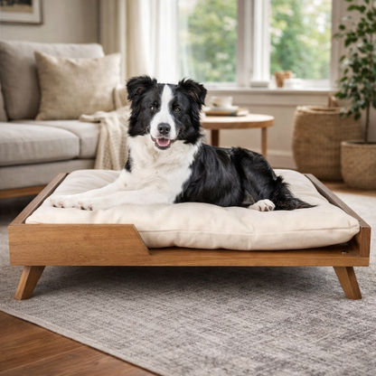 Scandinavian style elevated pet sofa bed designed for dogs, featuring a thick cushioned sleeping surface with an open front entry, sturdy wooden frame, and raised legs for supportive and comfortable resting