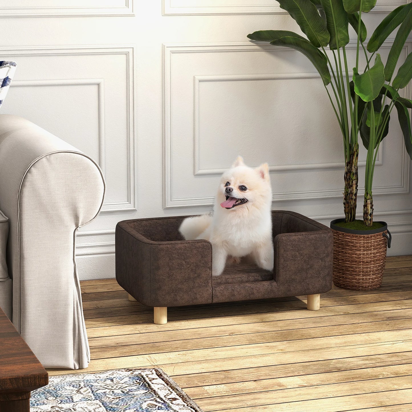 Elevated Pet Sofa Bed With Three-Sided Rim And Step Entry