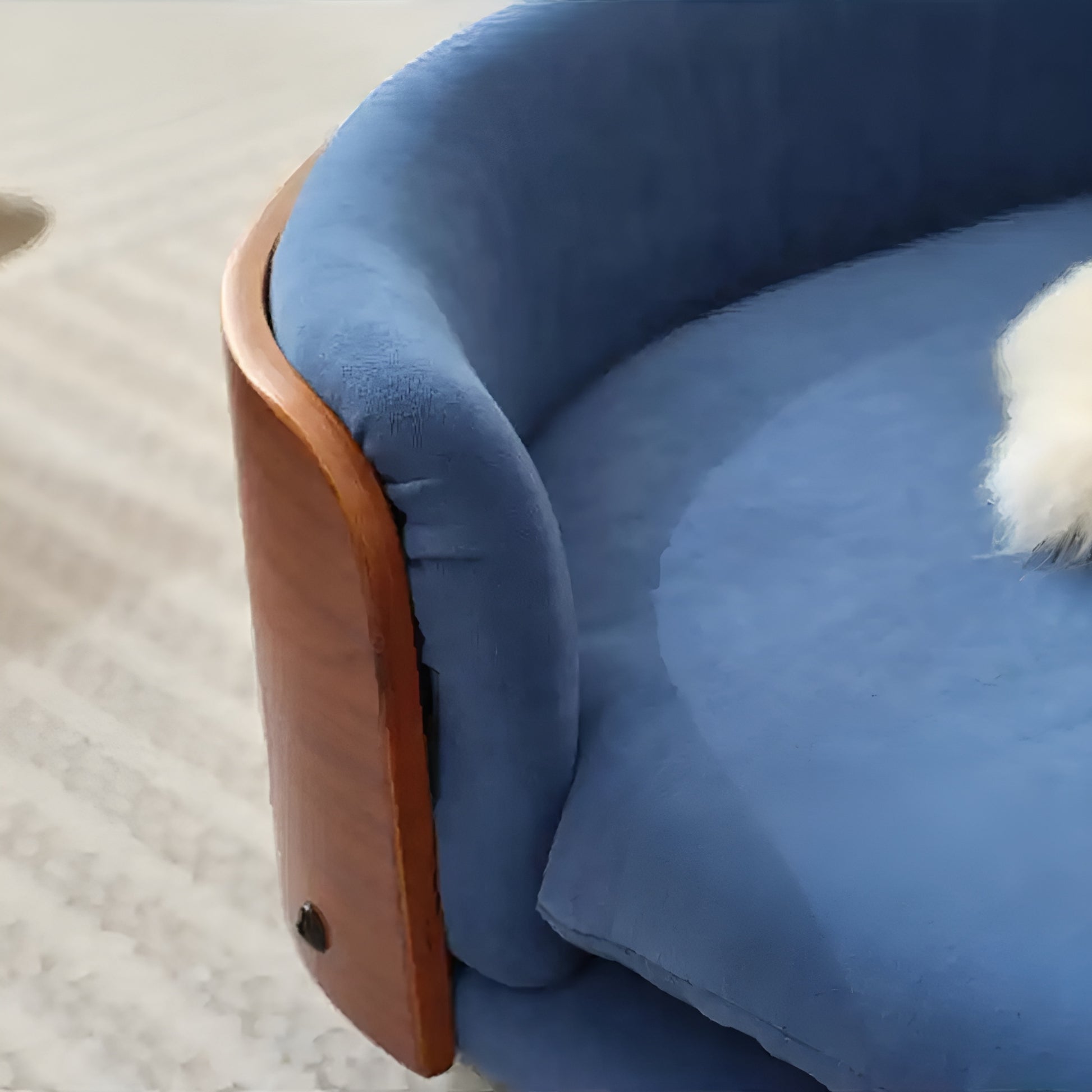 Scandinavian style elevated pet sofa bed designed for dogs, featuring a cushioned sleeping surface with wraparound supportive side panels and a raised base for stable and comfortable resting