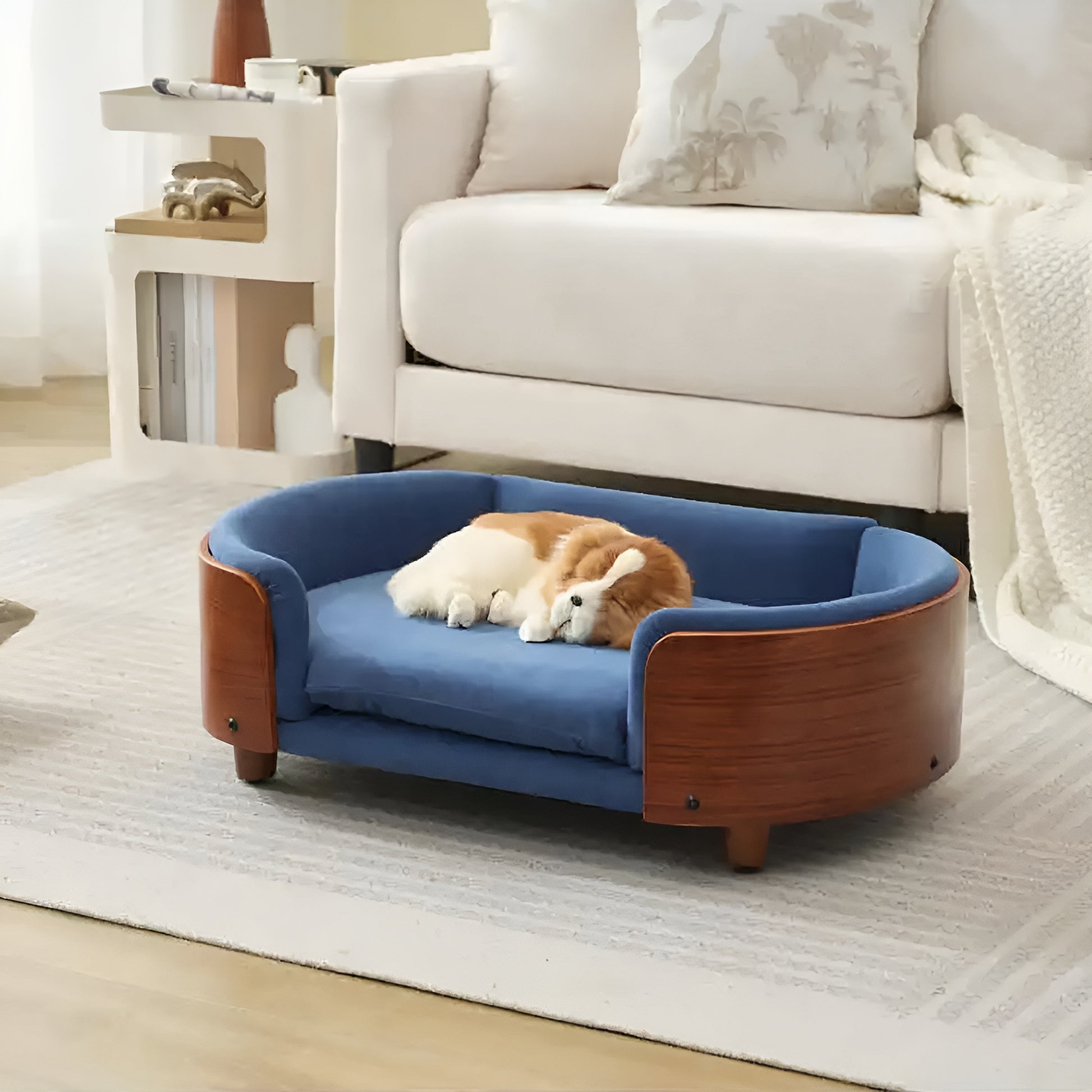 Scandinavian style elevated pet sofa bed designed for dogs, featuring a cushioned sleeping surface with wraparound supportive side panels and a raised base for stable and comfortable resting