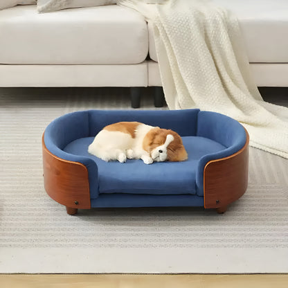 Scandinavian style elevated pet sofa bed designed for dogs, featuring a cushioned sleeping surface with wraparound supportive side panels and a raised base for stable and comfortable resting