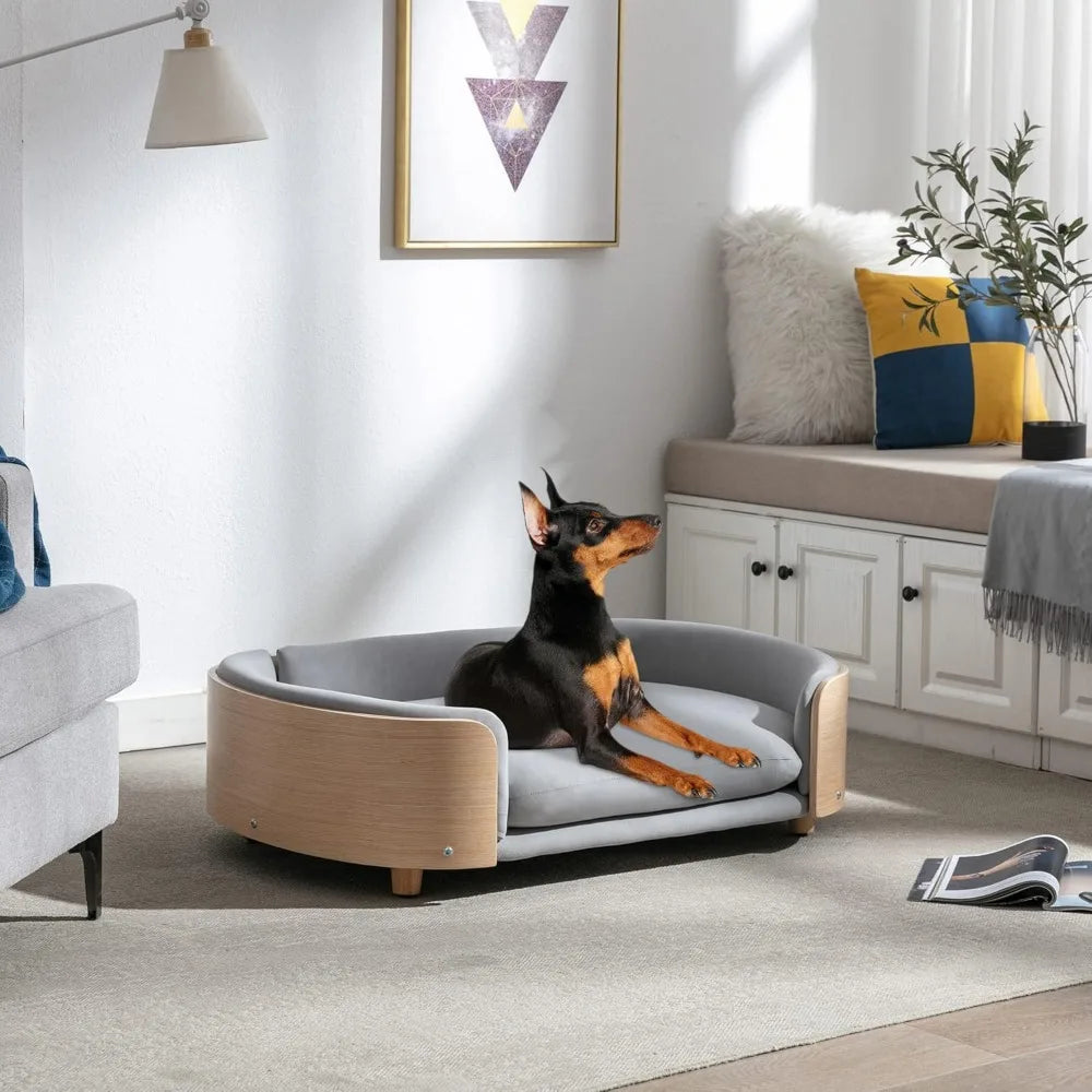 Elevated Pet Bed Sofa With Curved Wood Frame And Cushion