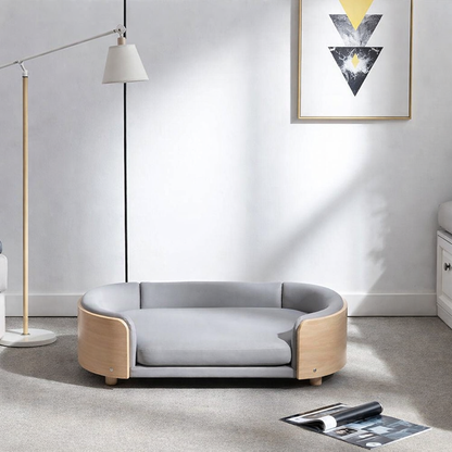 Elevated Pet Bed Sofa With Curved Wood Frame And Cushion