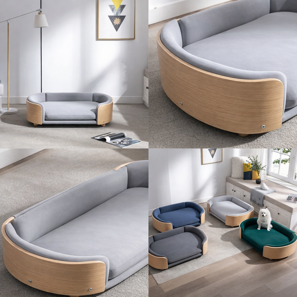 Elevated Pet Bed Sofa With Curved Wood Frame And Cushion