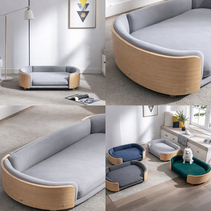 Elevated Pet Bed Sofa With Curved Wood Frame And Cushion