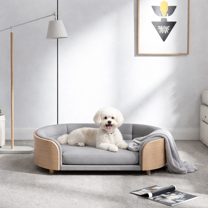 Elevated Pet Bed Sofa With Curved Wood Frame And Cushion